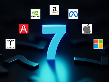 The logos of the seven biggest companies in the digital economy: Alphabet, Amazon, Apple, Meta, Microsoft, Nvidia and Tesla.