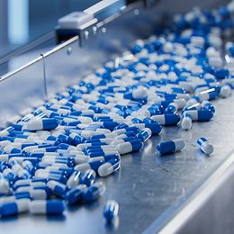Capsules on a conveyor in a production environment