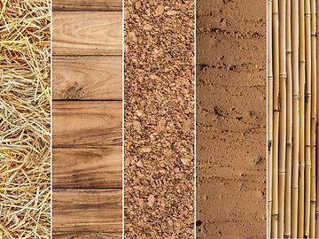 Natürliche Baustoffe im Detail (von links nach rechts: Stroh, Holz, Kork, Lehm, Bambus) 