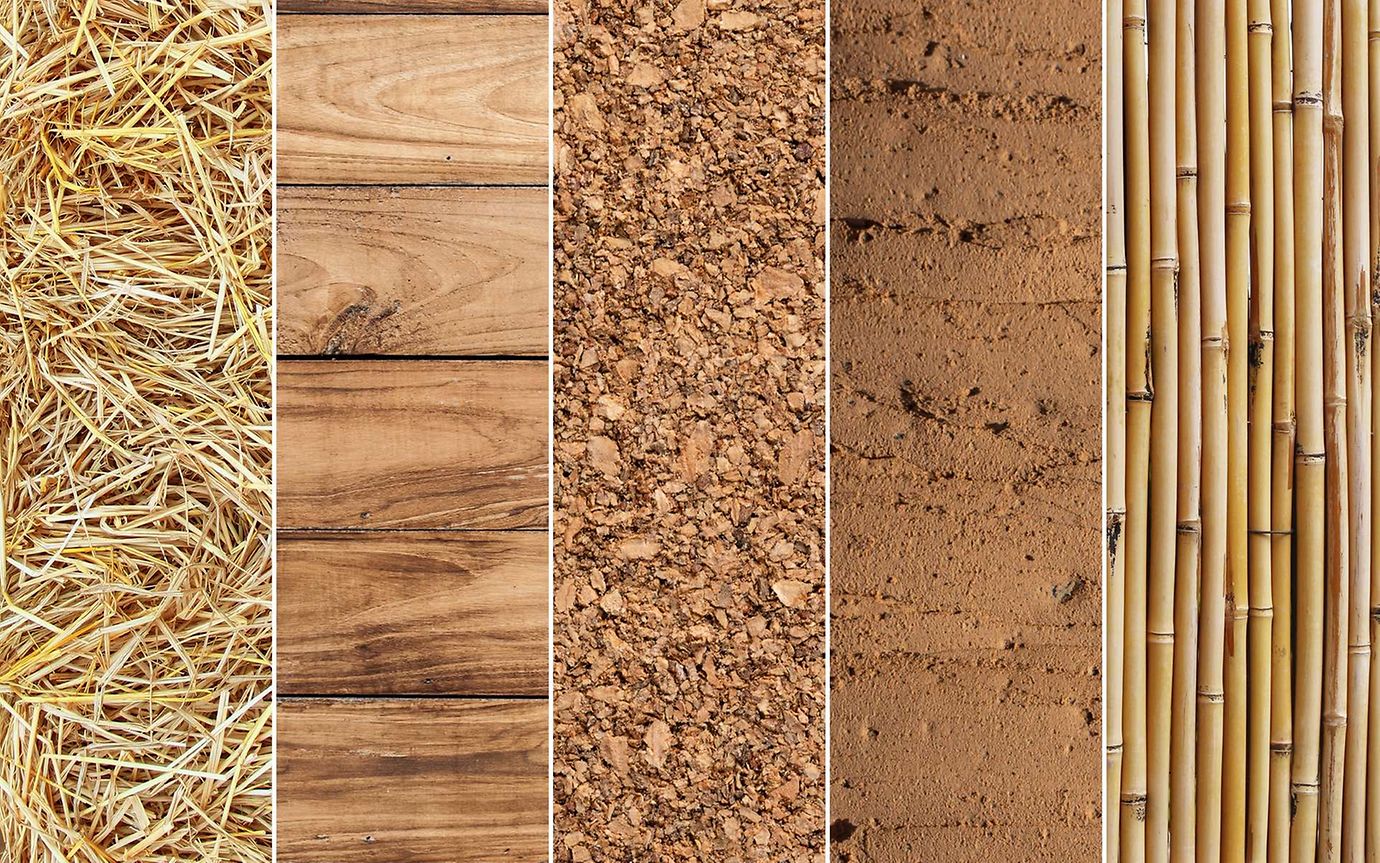 Natürliche Baustoffe im Detail (von links nach rechts: Stroh, Holz, Kork, Lehm, Bambus) 