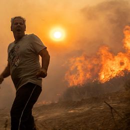 Man in front of a wildfire