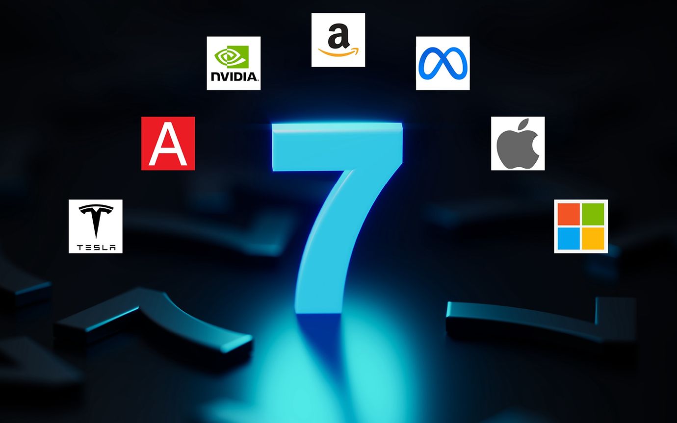 Die Logos der sieben grÃ¶ssten Unternehmen der digitalen Wirtschaft: Alphabet, Amazon, Apple, Meta, Microsoft, Nvidia und Tesla.
