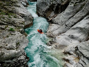 Bird's eye view of a kayak in a gorge
