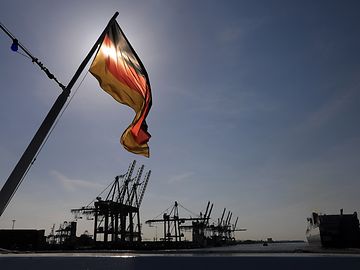 A German flag flies, behind it, ship cranes stand in a German harbour at dusk.