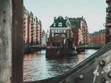 Hamburg's Speicherstadt district with red brick houses by the river
