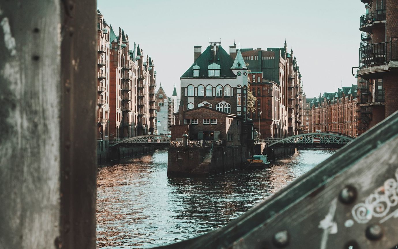 Hamburg's Speicherstadt district with red brick houses by the river