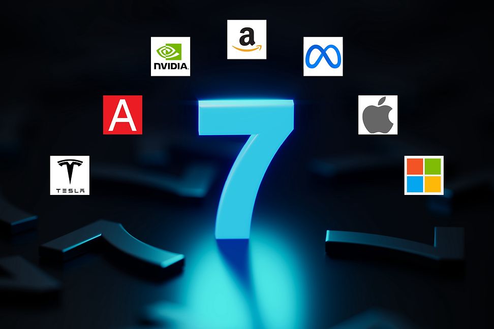 Die Logos der sieben grössten Unternehmen der digitalen Wirtschaft: Alphabet, Amazon, Apple, Meta, Microsoft, Nvidia und Tesla.