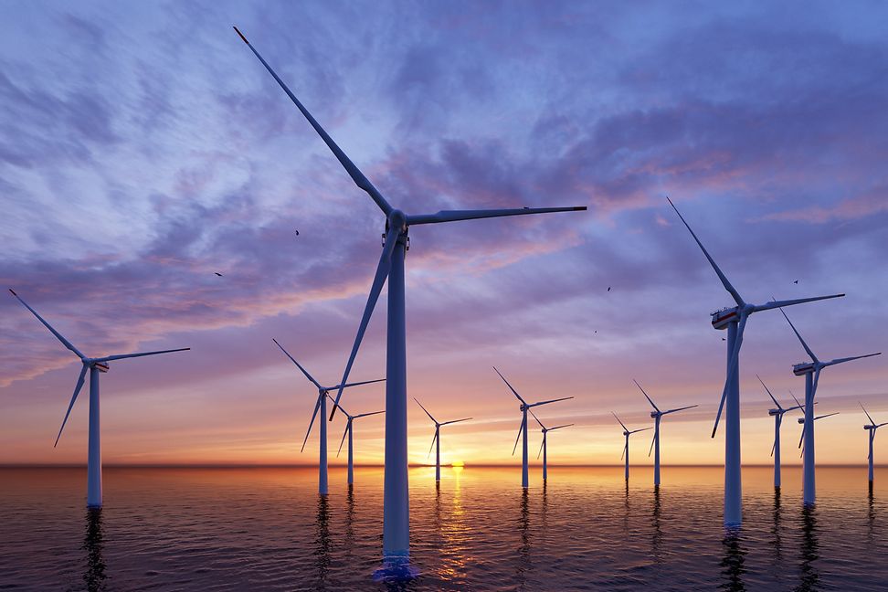 Offshore wind parks during sunrise