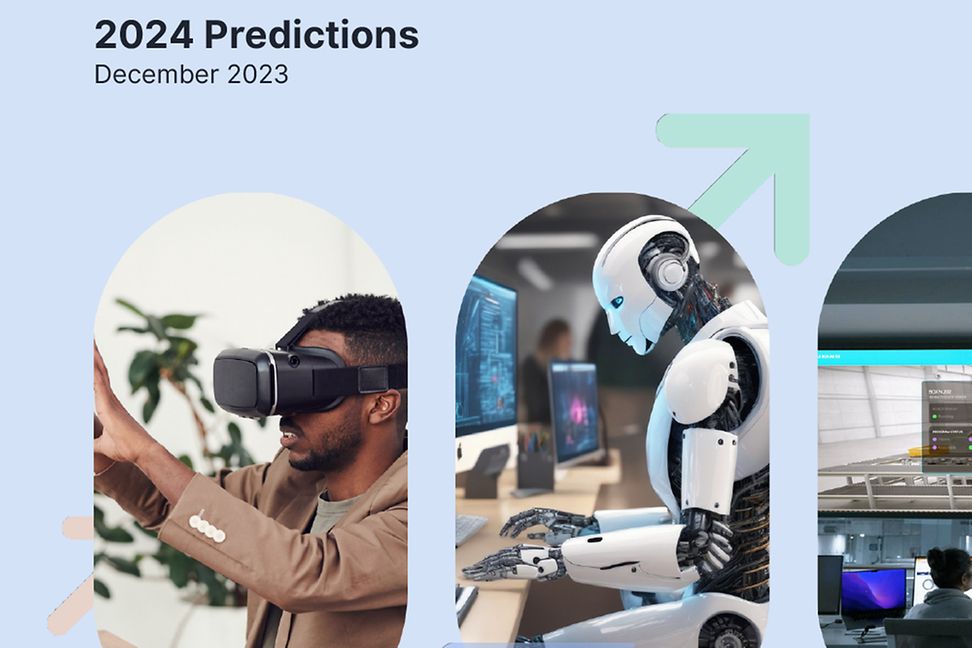 Hellblaues Deckblatt des Flex Reports, das in Bildausschnitten eine Person mit Cyberbrille und einen Roboter zeigt.