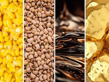 Eine fotografische Komposition aus Mais, Bohnen, Kaffee und Gold 
