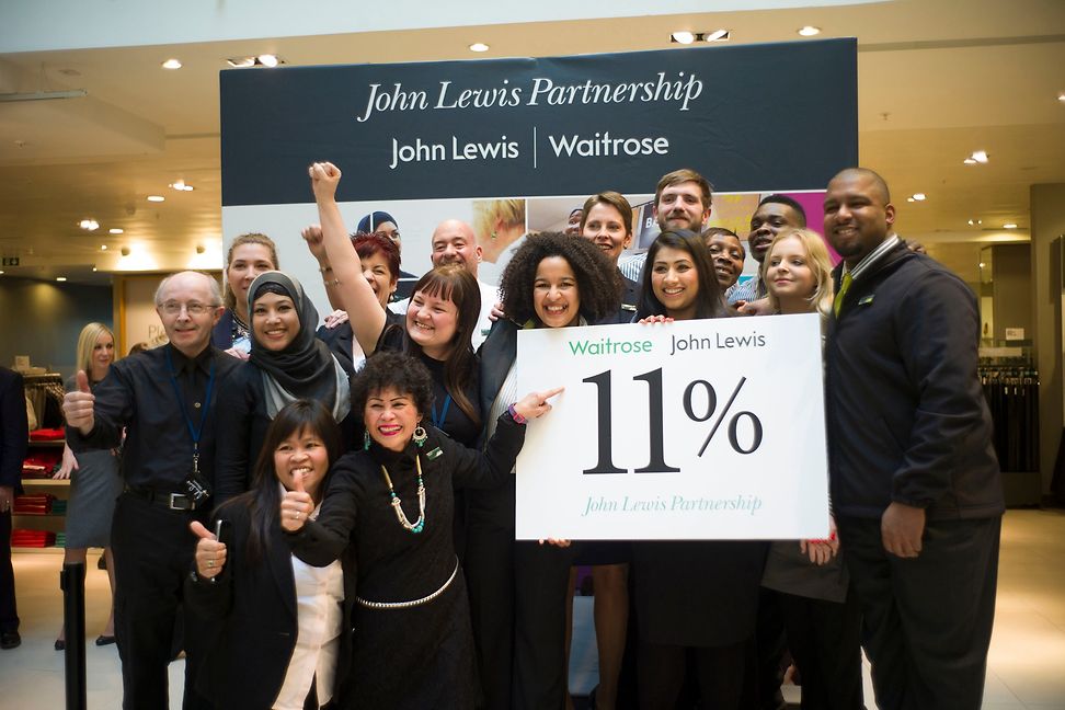Eine Gruppe fröhlicher Angestellter in einem Kaufhaus präsentiert ein Schild mit der Aufschrift "11%".