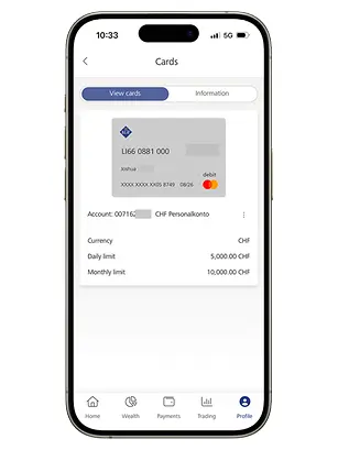 LGT SmartBanking mobile dashboard with step 3, where you can see the information about your LGT debit card.