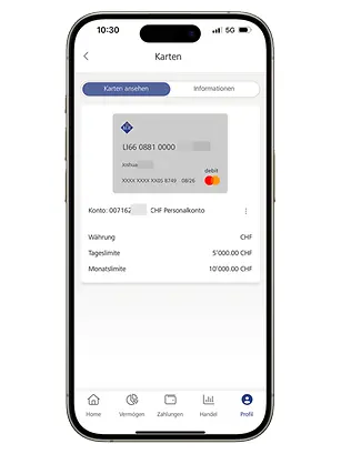 LGT SmartBanking mobiles Dashboard mit Schritt 3, wo Sie die Informationen zu Ihrer LGT Debitkarte ansehen können.