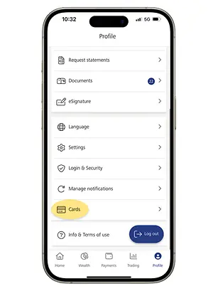LGT SmartBanking mobile dashboard showing step 2 "tap on cards".