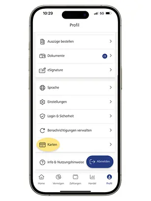 LGT SmartBanking mobiles Dashboard mit Schritt 2 "tippen Sie auf Karten".