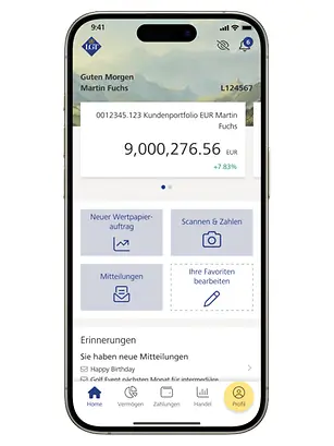 LGT SmartBanking mobiles Dashboard mit Schritt 1 "gehen Sie auf Profil" unten rechts.