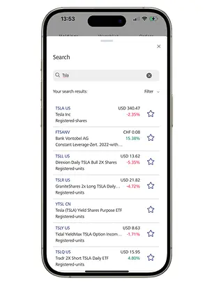 Screenshot of the LGT SmartBanking app in the “Trading” section. A new window, which allows searching for financial instruments, overlays most of the screen. At the top, there is a search field for financial instruments.