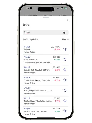 Screenshot der LGT SmartBanking-App im Bereich „Handel”. Ein neues Fenster, das die Suche nach Finanzinstrumenten ermöglicht, überlagert den grössten Teil des Bildschirms. Oben befindet sich ein Suchfeld für Finanzinstrumente.