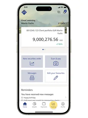 Smartphone screen showing the LGT Smart Banking App. The menu at the bottom is open, with the "Trading" section highlighted.