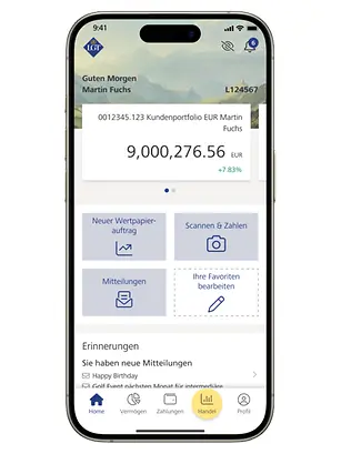 Smartphone-Bildschirm mit der LGT Banking App. Das Menü am unteren Rand ist geöffnet, der Bereich "Handel" ist hervorgehoben.