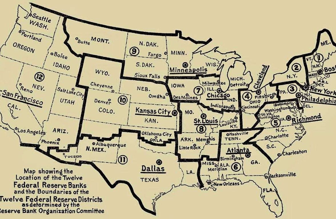 Historical map of the Federal Reserve System from 1914.