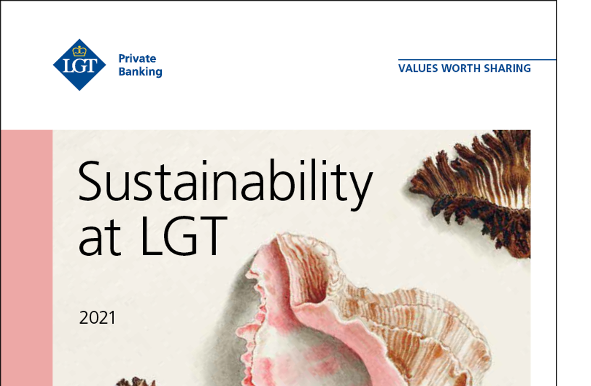 La première page du rapport de développement durable de LGT avec des coquillages sur le sable